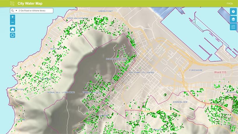 Green dots reveal household water usage for a section of Cape Town.