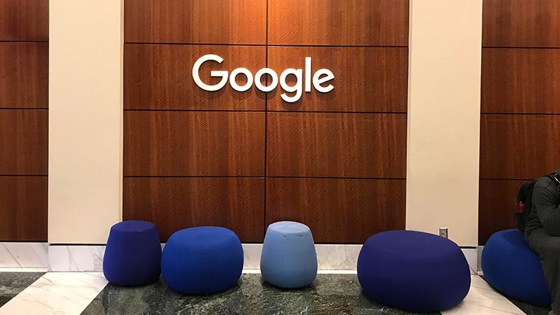 The welcome hallway with Google Home-shaped ottomans.