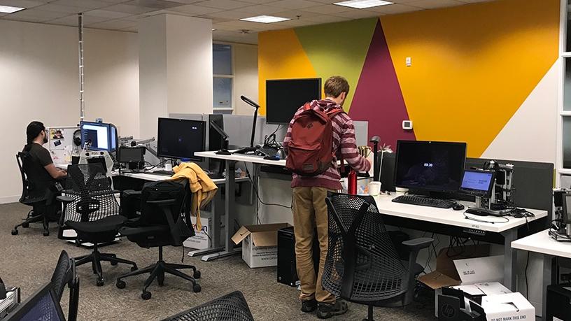 The office space set-up with optional standing desks.