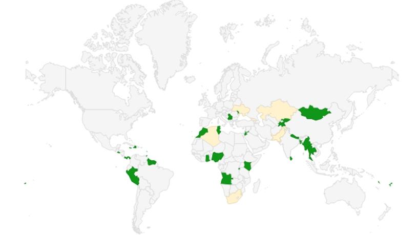 A map of all the countries where Wikipedia Zero was available in 2016, including SA.