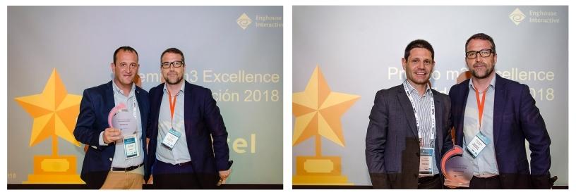 Receiving the awards (on the left) Jose Antonio Diez, Systems Manager of Grupo Marktel and (on the right) Victor Belzunegui, Sales Director of Helphone next to Jose Manuel Clapes, Country Manager for Spain of Enghouse Interactive.