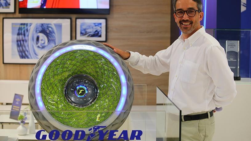 Goodyear Germany chief engineer Saburo Miyabe with the Oxygene photosynthesis tyre.