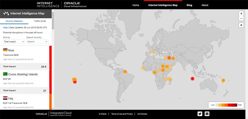 Oracle launches the Internet Intelligence Map showing countries experiencing Internet disruptions.