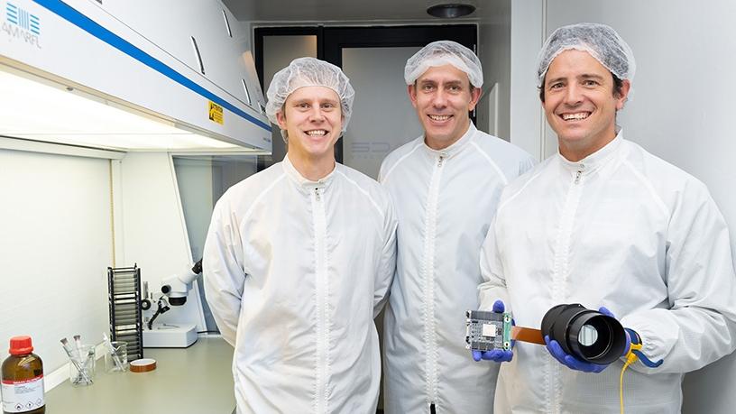 The team behind the design and development of the Chameleon Hyperspectral Imager (from left): Kannas Wiid, digital team lead; Rikus Cronj'e, electro-optical systems engineer; and Bryan Dean, lead systems engineer.