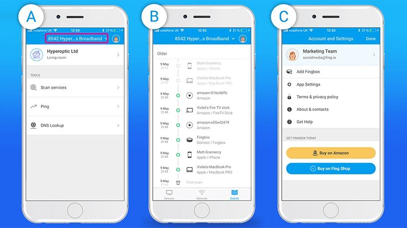 The Fing app through which new market entrants Fingbox and Fingkit can be controlled.