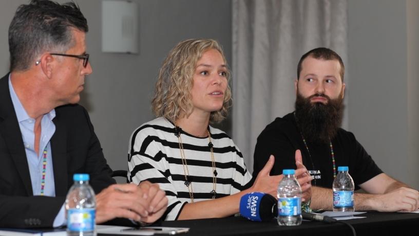 Head of global product partnerships search content at Google, Banks Baker; executive director of the Wikimedia Foundation, Katherine Maher; and president of Wikimedia ZA and local organising committee chairman, Douglas Scott.