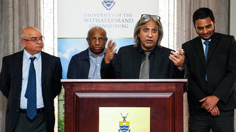 Professor Adam Habib (Wits) launching #SA4IR, with (behind from left): professor John Hendricks (Fort Hare), Sipho Maseko (Telkom) and professor Babu Paul (UJ). (Photograph by Wits University)