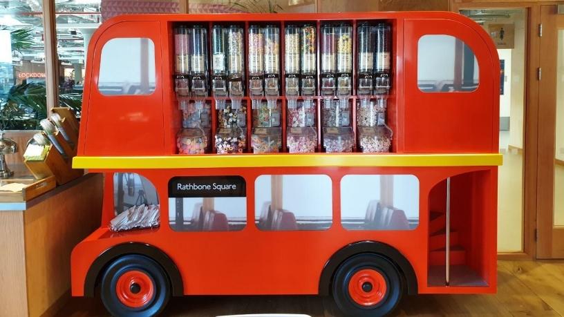 There is a pick-and-mix stand in the style of a London double-decker bus that employees can help themselves to whenever a sugar craving strikes.