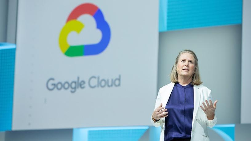 Google Cloud CEO Diane Greene giving the keynote speech at Google Next 18 in London.