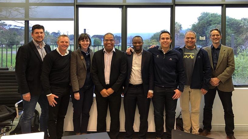 The VO Connect and HeroTel management teams, from left: Kevin Taskes, Wayne Mackenzie, Michelle Lobban, Ernest January, Godlief Bashele, Van Zyl Botha, Corne De Villiers and Peter Schumacher.