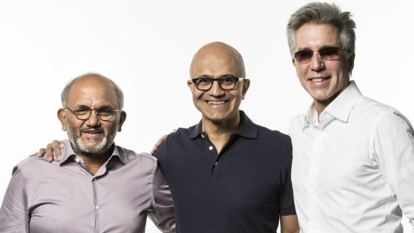 Shantanu Narayen, CEO, Adobe (left), Satya Nadella, CEO of Microsoft (center), and Bill McDermott, CEO of SAP (right), introduced the Open Data Initiative at the Microsoft Ignite conference.