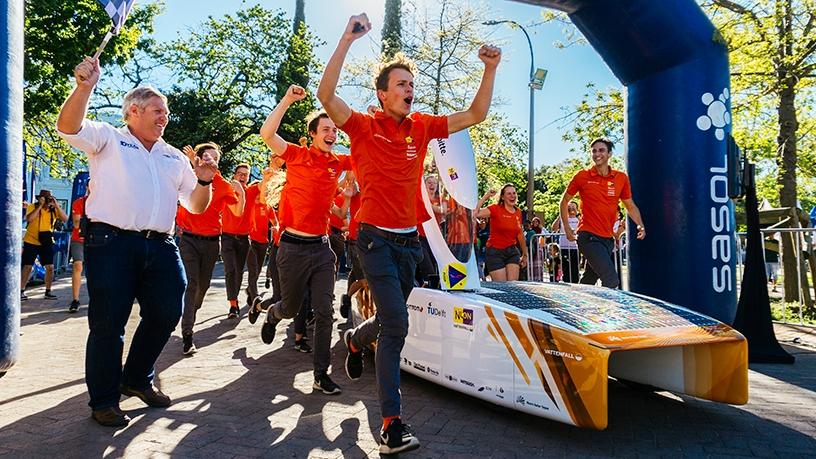 Dutch team Nuon celebrates winning the 2018 Sasol Solar Challenge.